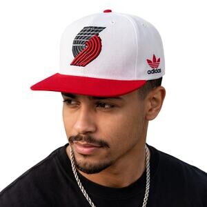 Adidas NBA Portland Trail Blazers White Red Snapback Hat Flat Brim